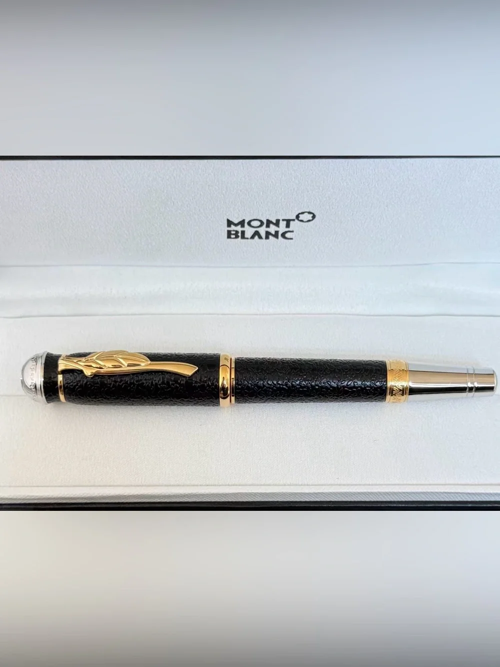 Montblanc Black and Gold Textured Ballpoint Pen with Leaf Clip